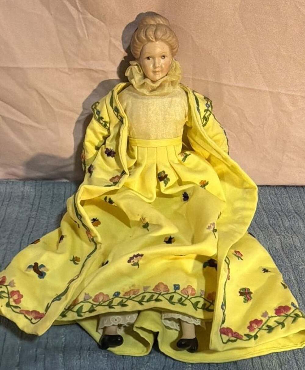 Vintage Porcelain Collector Doll In Yellow Embroidered Dress